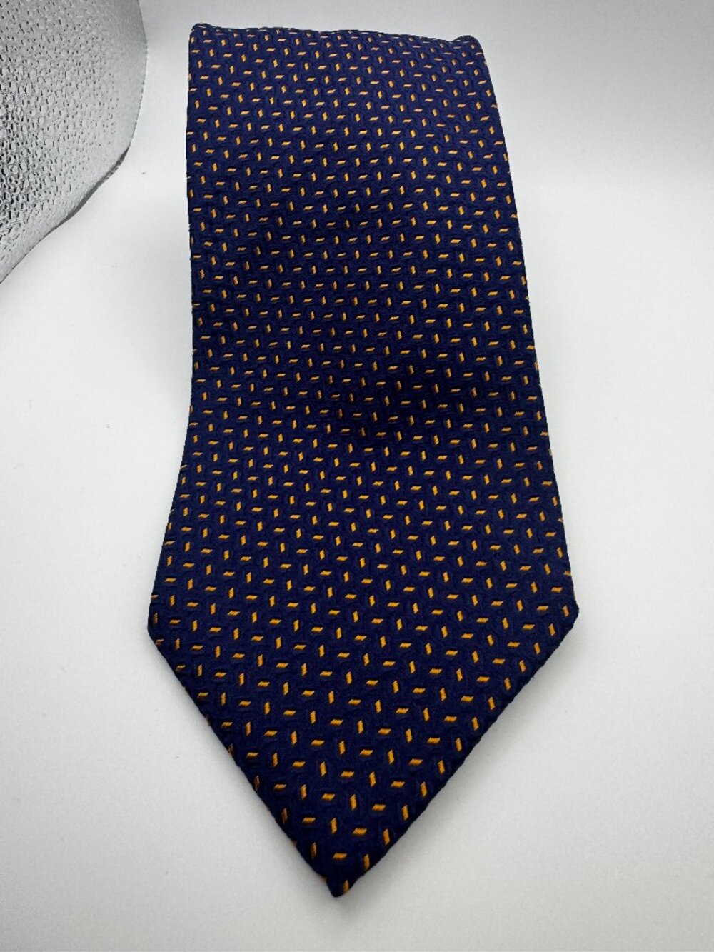 Gianfranco Ferre Italy Silk Jacquard Tie Navy Gold Geometric